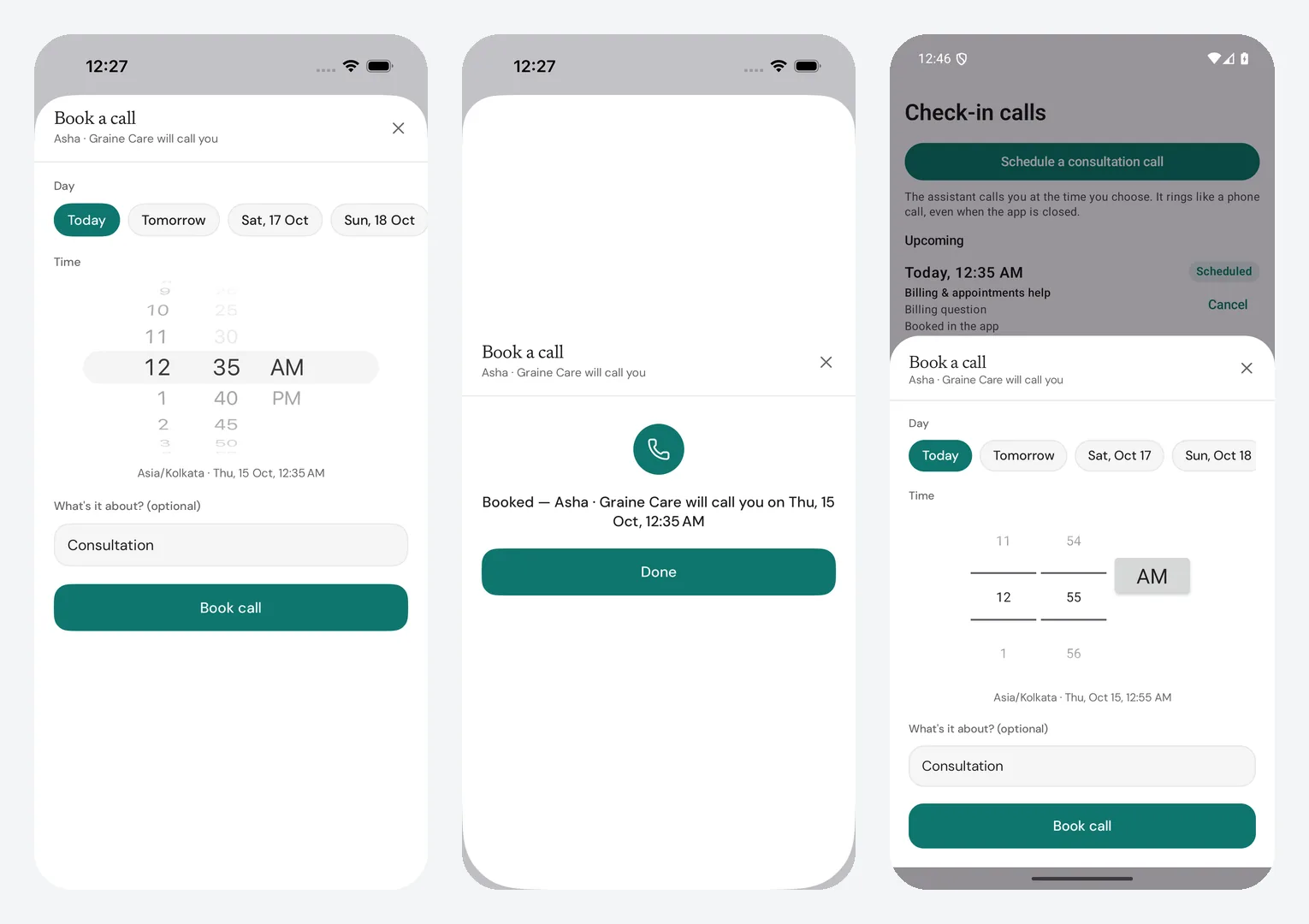 The booking sheet on an iPhone with the day chips, the time wheel, the time zone, What's it about and Book call; the sheet after booking; and the sheet on Android