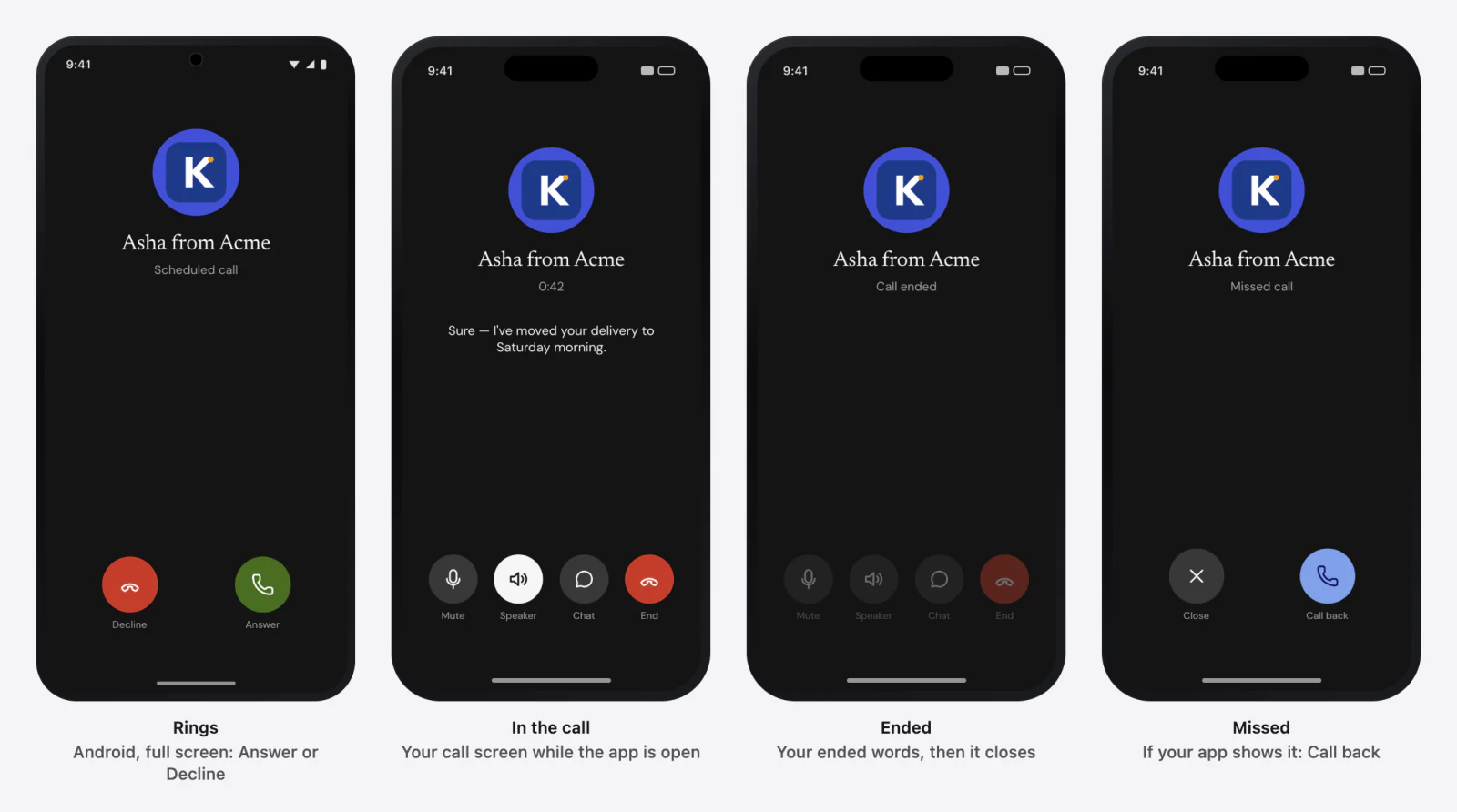 One scheduled call in the Garage's call screen previews: an Android phone ringing full screen with Decline and Answer; then, on an iPhone, the call itself with the timer, the line being said, Mute, Speaker, Chat and End; the call ended; and a missed call with Close and Call back