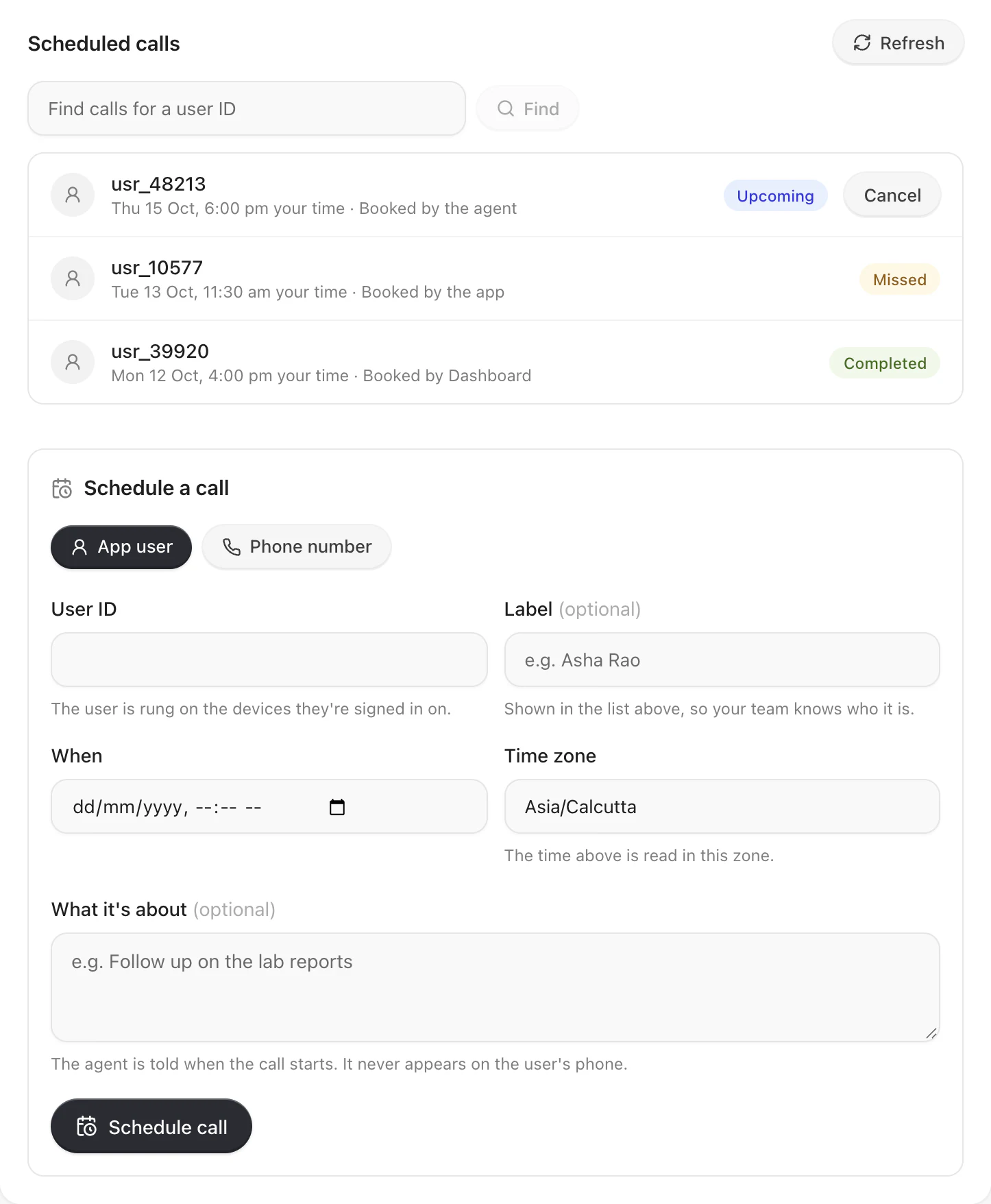 Scheduled calls: an upcoming call with Cancel, a missed and a completed one, each with who booked it, then Find calls for a user ID and the Schedule a call form for an app user