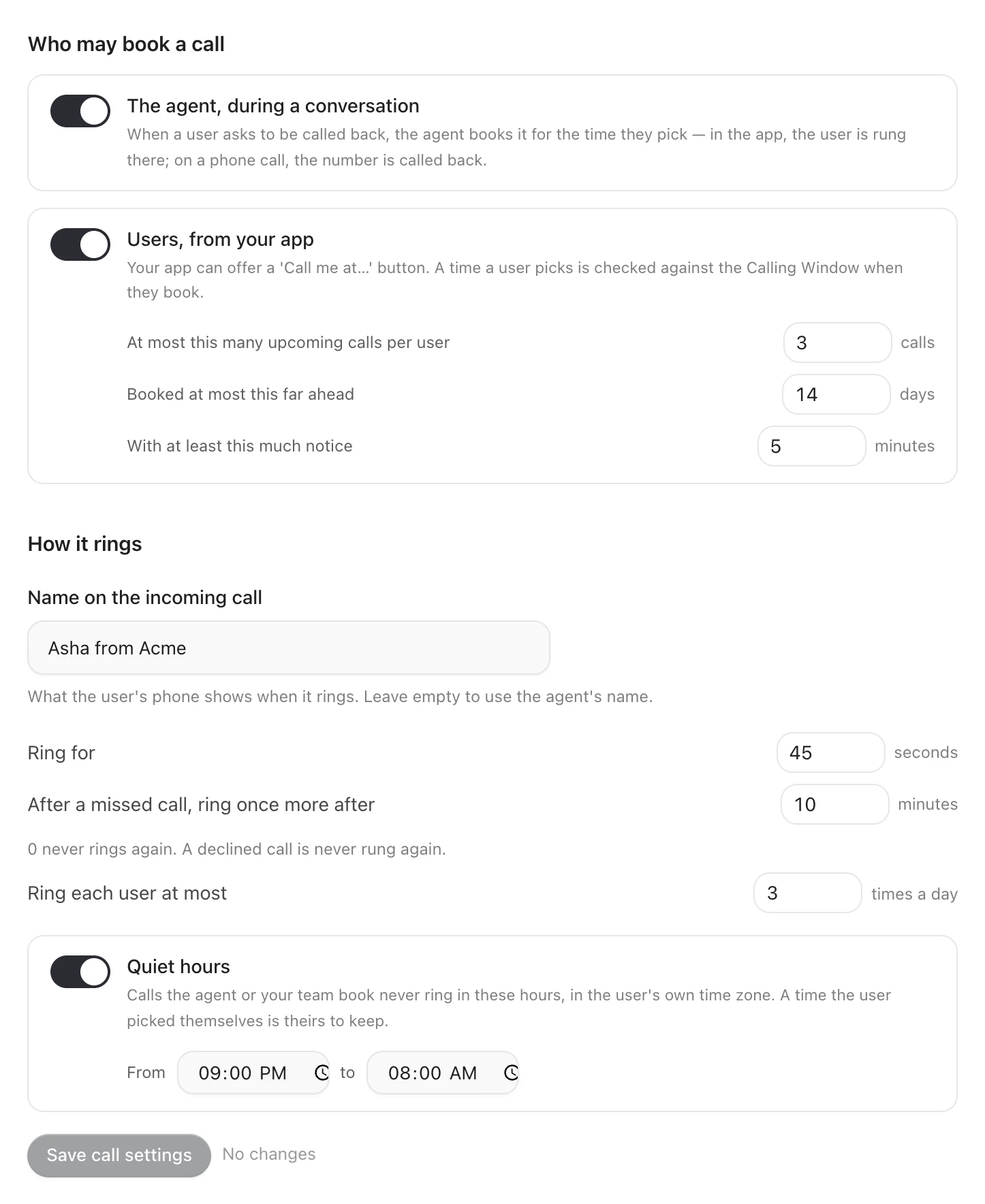 Calls and scheduling: Who may book a call with both switches and the limits; How it rings with the call name, ring time, ring again, rings a day; Quiet hours