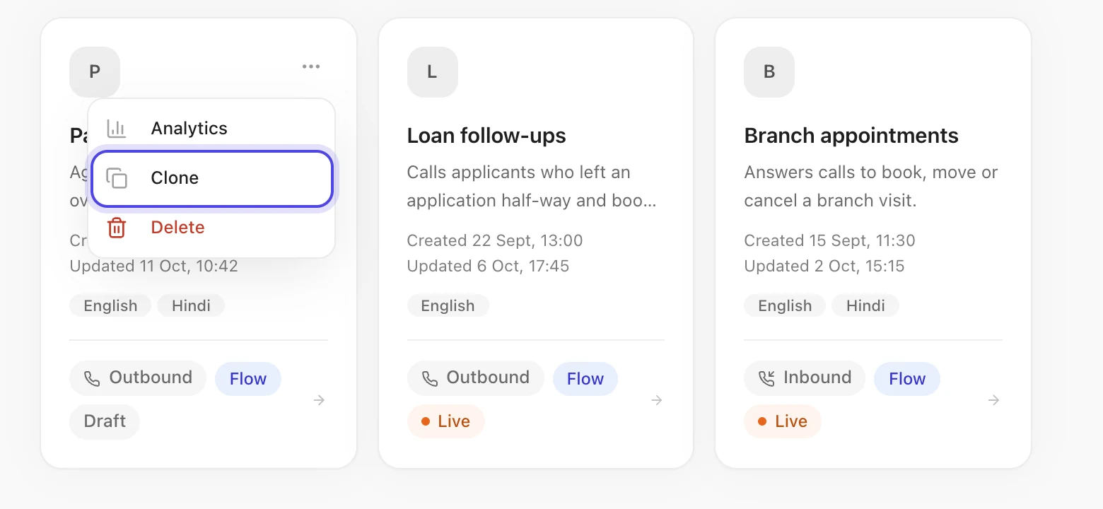 Clone on a flow agent card's menu