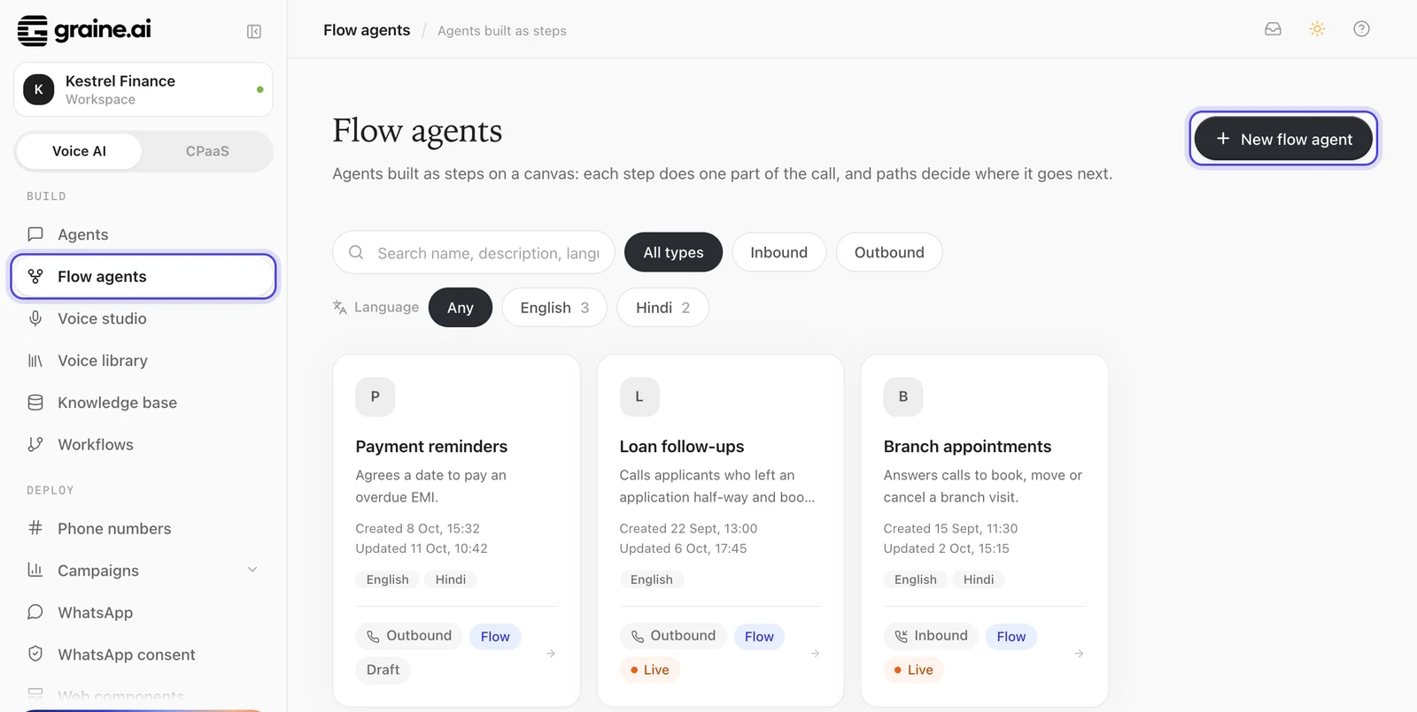 Flow agents, under Build in the sidebar, with New flow agent at the top right