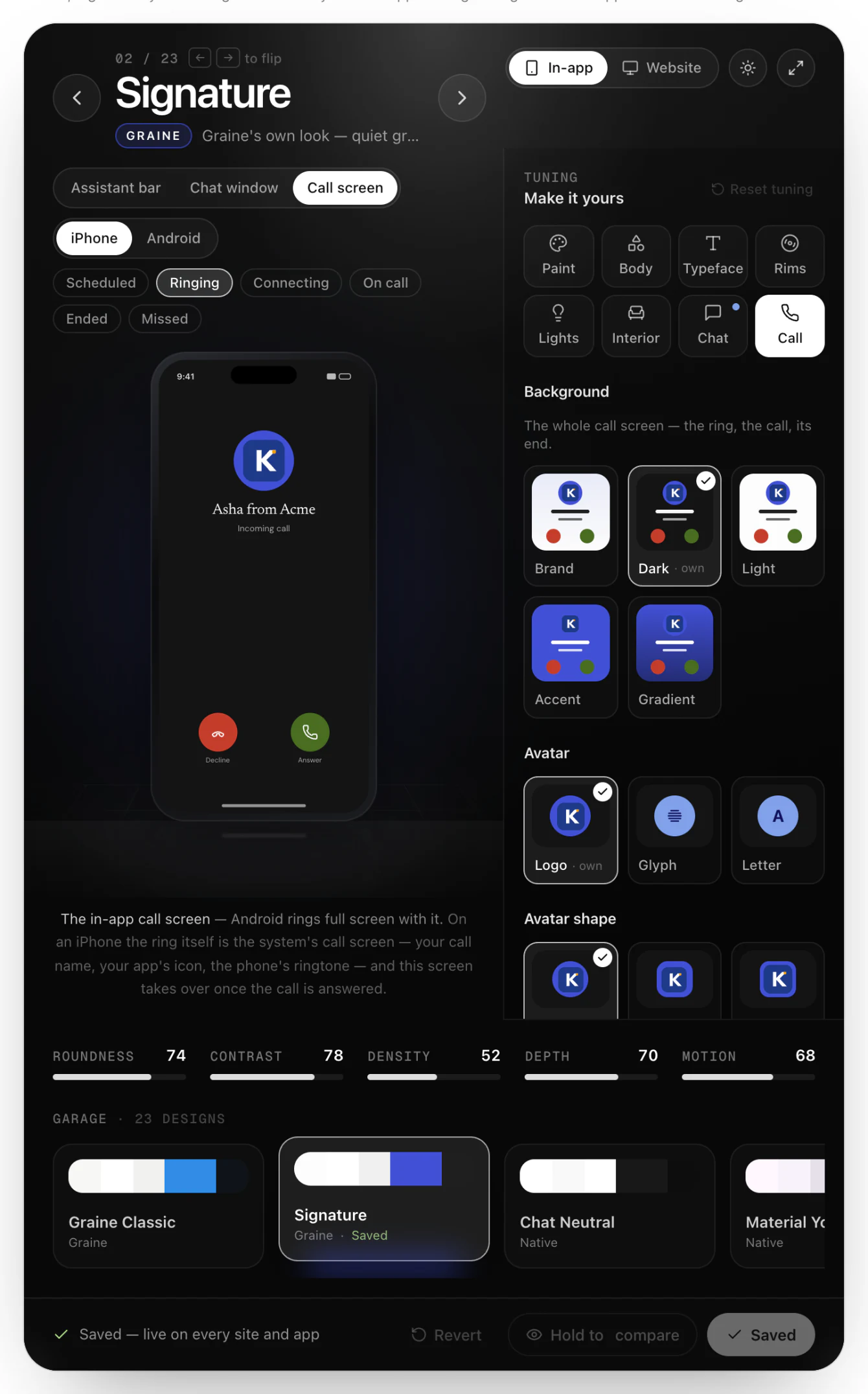 The Call screen tab with Ringing chosen: an iPhone preview of an incoming call from Asha from Acme with Decline and Answer, and the call screen's controls in the tuning rail: background, avatar and avatar shape