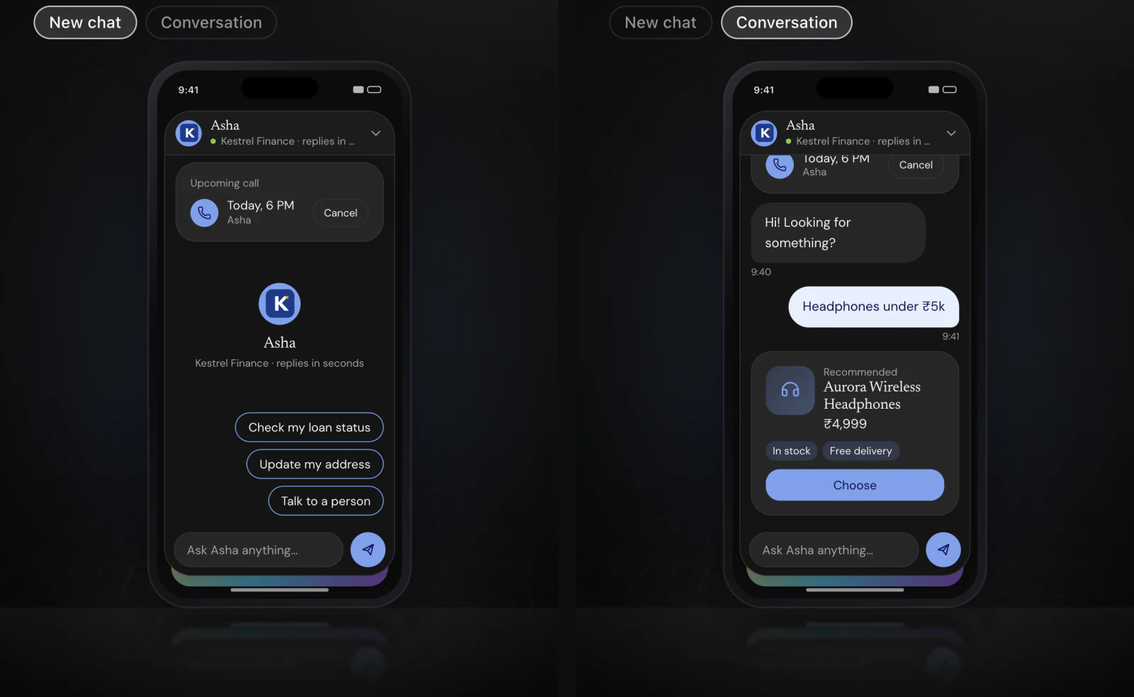 The chat window tab in dark: a new chat with starters, and a conversation with a component