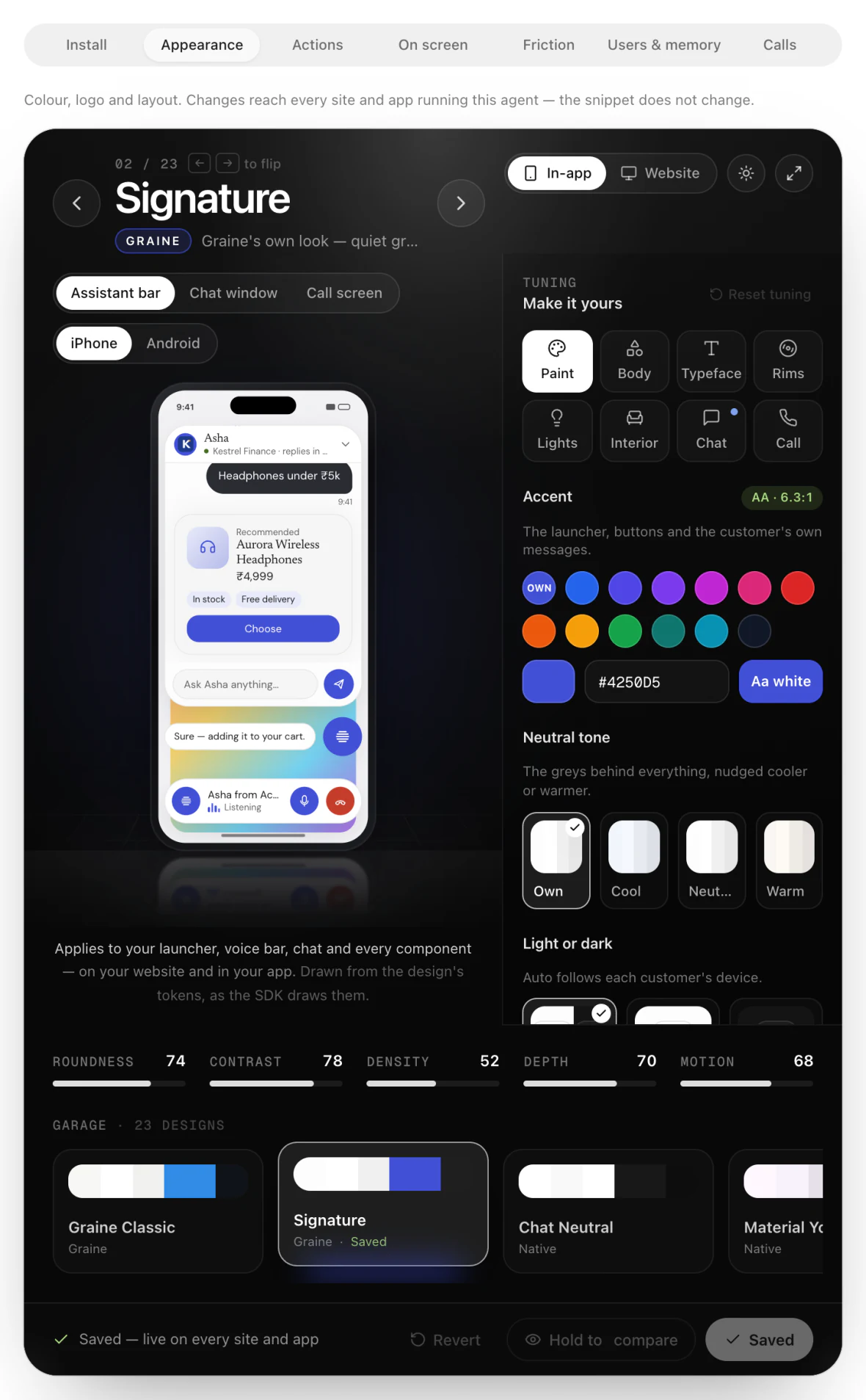 The Garage with the Signature design on an iPhone preview, the tuning rail and the row of designs