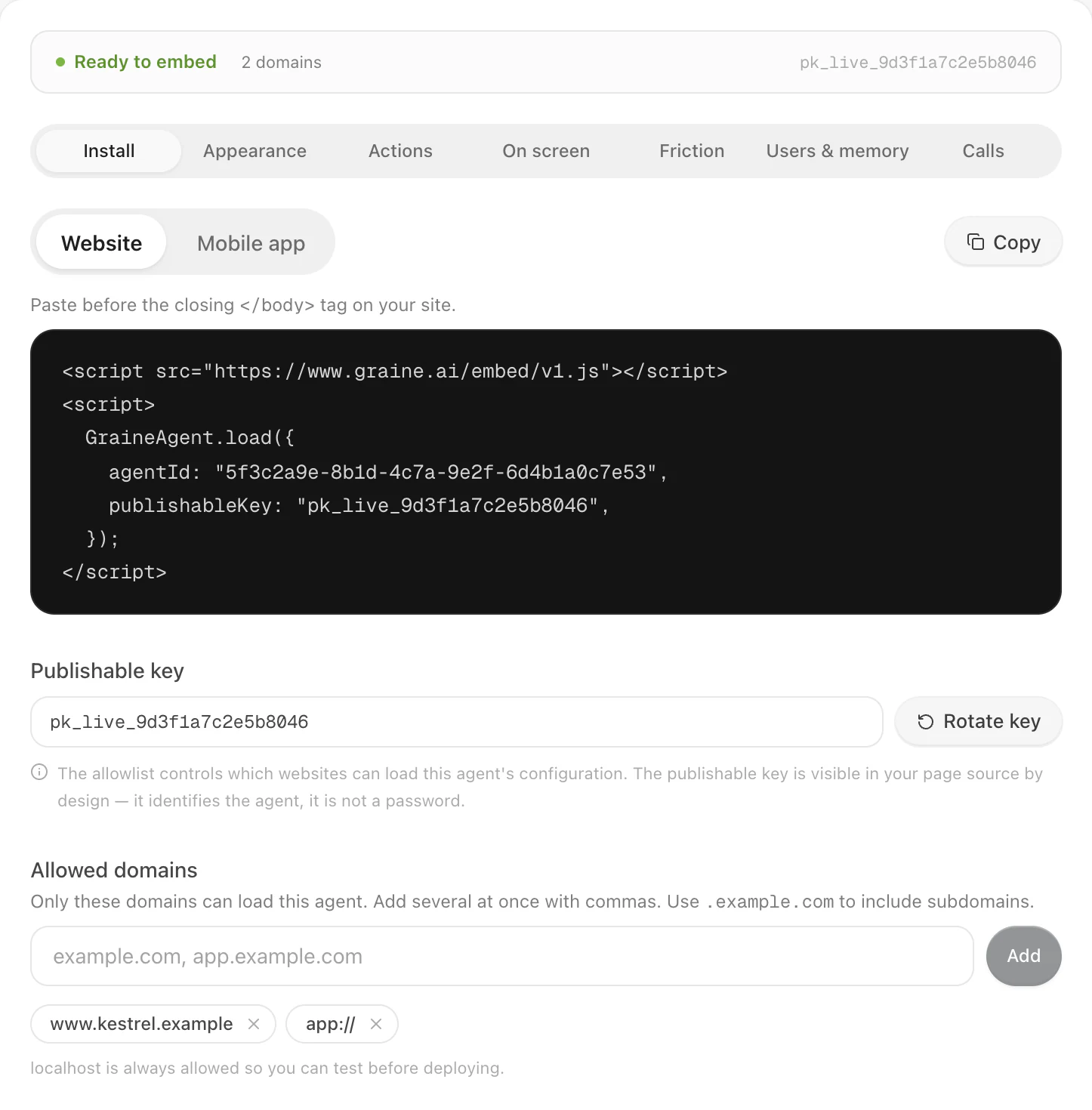 Embed & Widgets, Install: Ready to embed with 2 domains, the snippet, the publishable key with Rotate key, and Allowed domains listing www.kestrel.example and app://