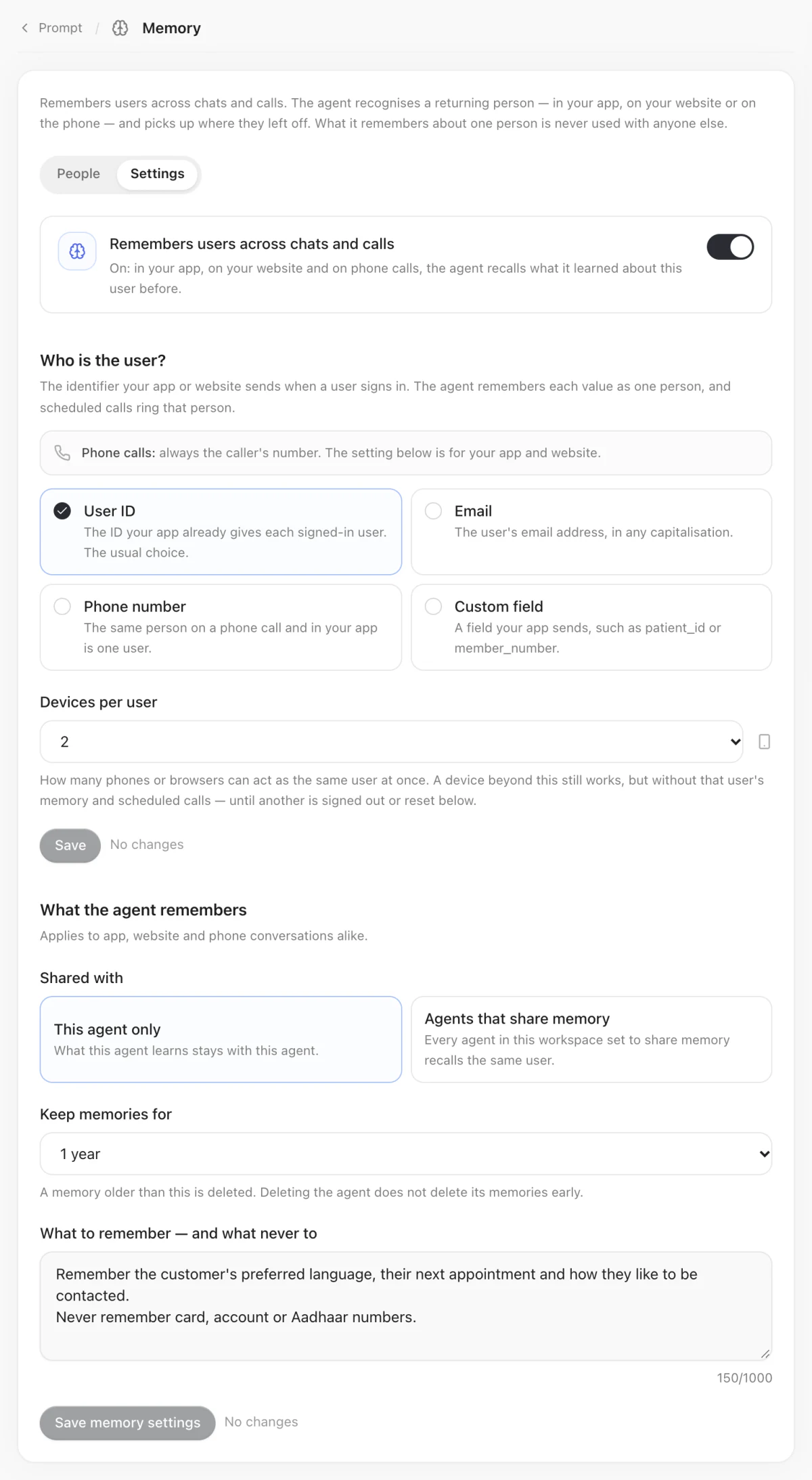 Agent, Memory, Settings: memory switched on; Who is the user? set to User ID, with the note that phone calls always use the caller's number; Devices per user 2; Shared with This agent only; Keep memories for 1 year; and an instruction under What to remember