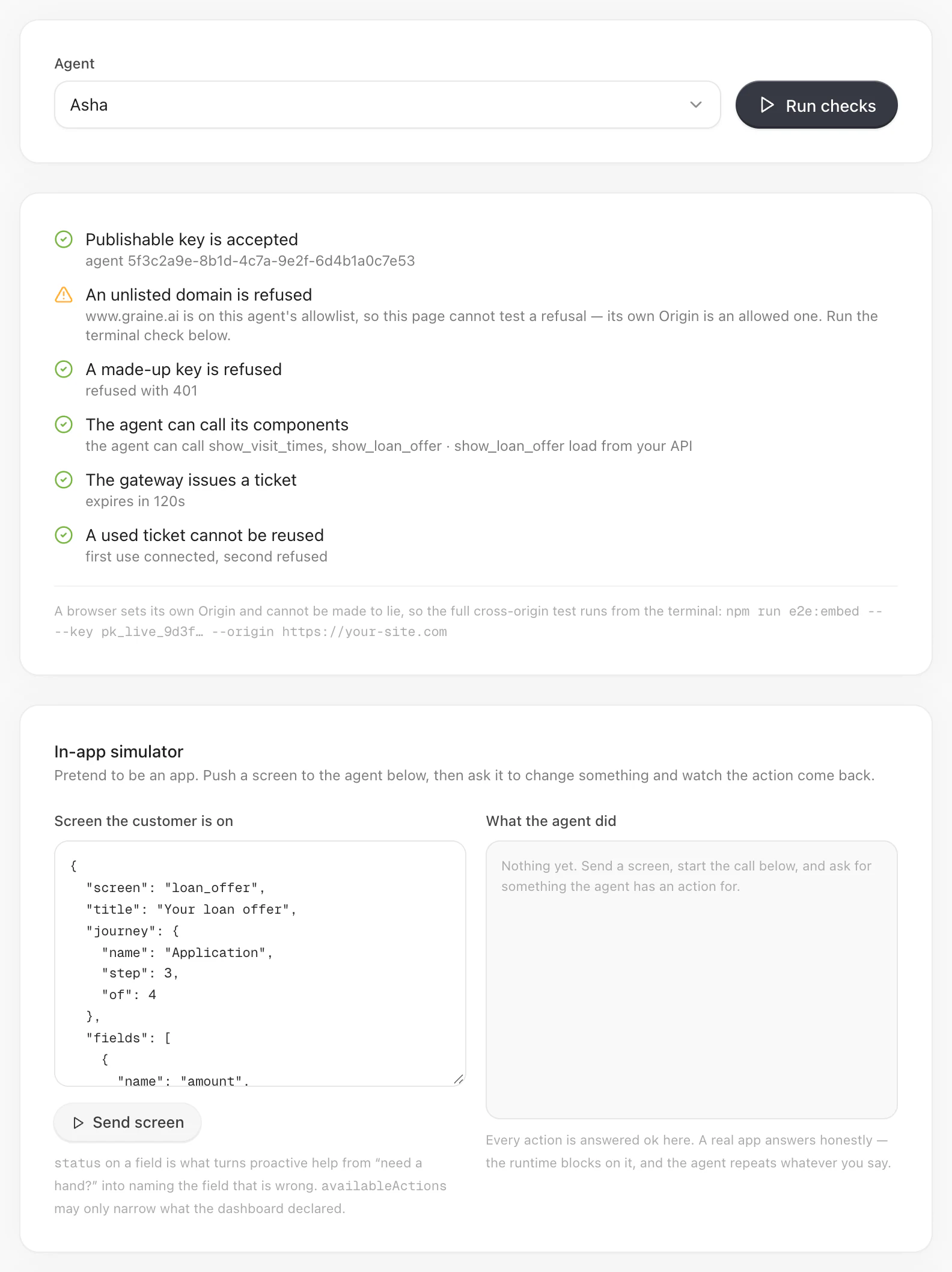 The Playground after Run checks: five checks passed and An unlisted domain is refused skipped, because the dashboard's own domain is on this agent's allowlist; below, the In-app simulator with the sample screen