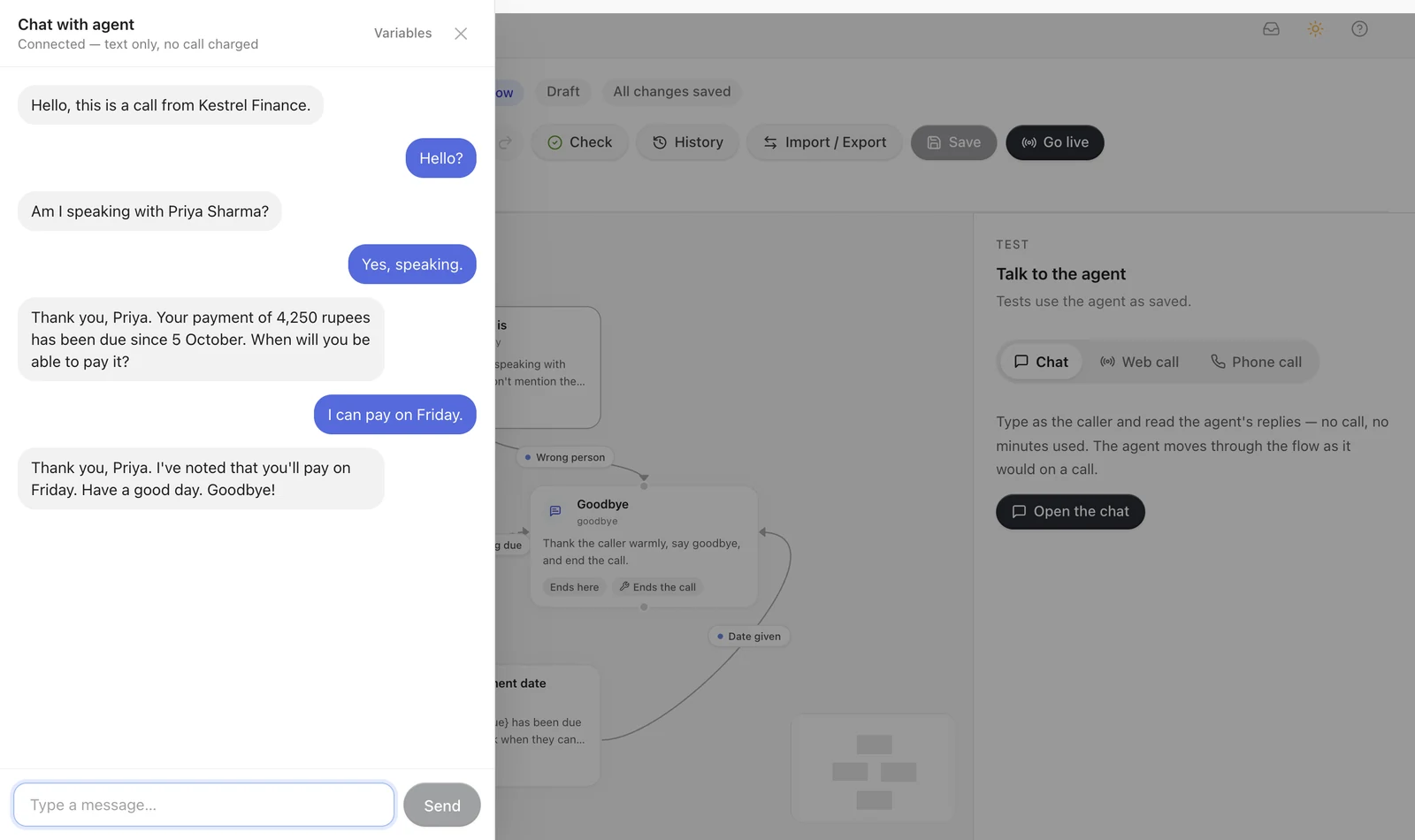 Testing by chat: typing as the caller, with the agent's replies following the flow