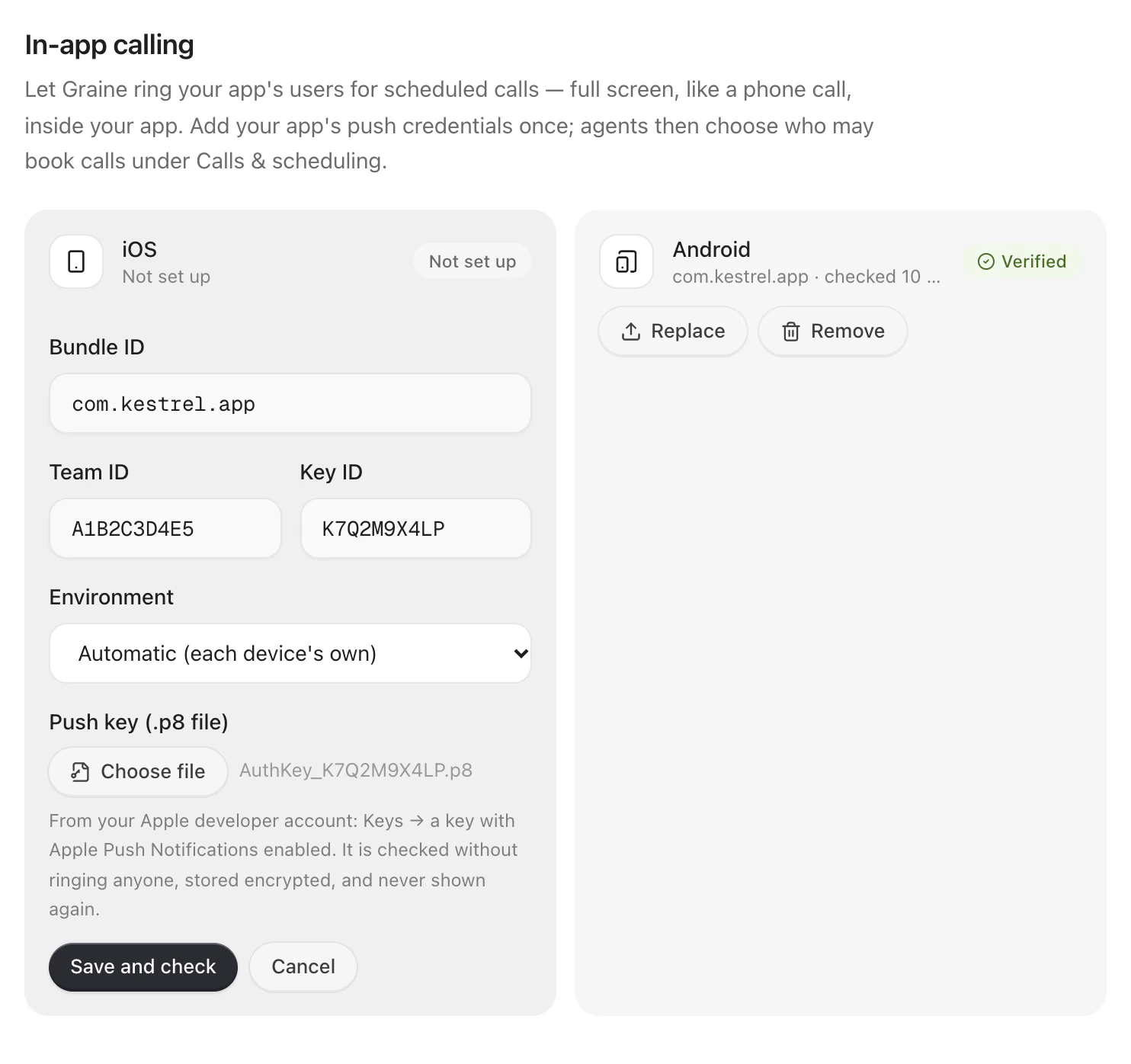 In-app calling: the iOS card being set up with Bundle ID, Team ID, Key ID, Environment and the key file; the Android card checked and working, with Replace and Remove